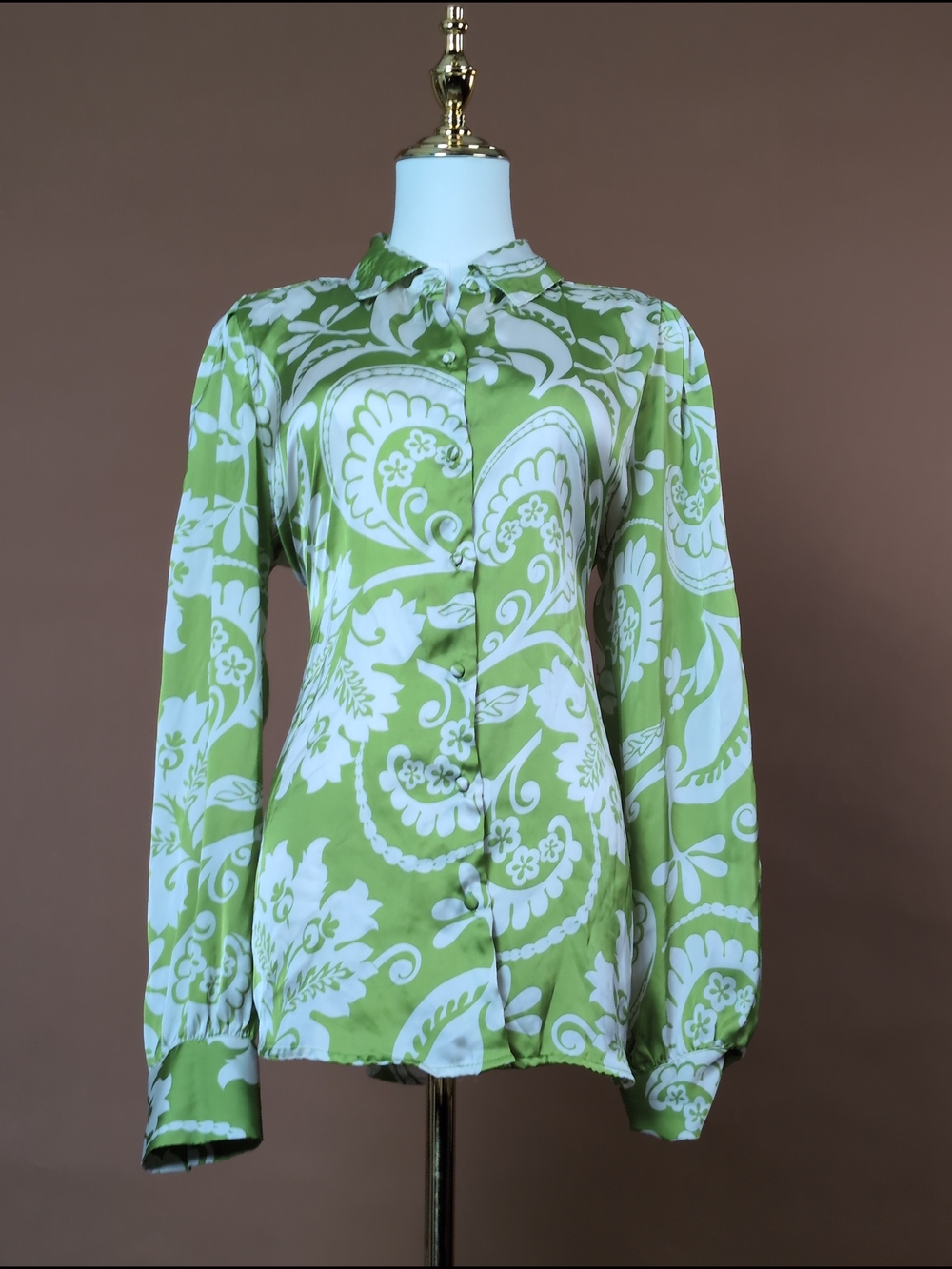Silky Haver London Retro Abstract Paisley Button Down Blouse in Green